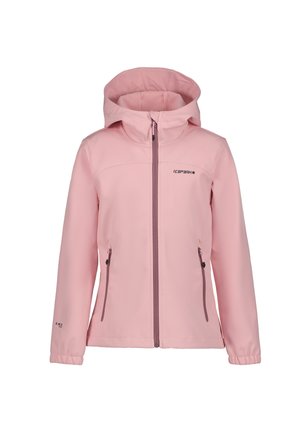 Light pink hooded jacket with front zipper and two zippered pockets, elastic cuffs, and small logo on the chest and sleeve.