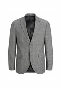 Blazer grigio su misura con tessuto strutturato, chiusura a un bottone, rever a punte e due tasche frontali. Fodera interna nera.