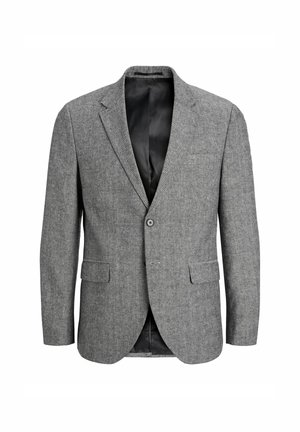 Gray tailored blazer with a textured fabric, single button closure, notched lapels, and two front pockets. Black interior lining.