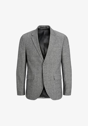 Grijze op maat gemaakte blazer van een textuurstof, met een enkele knoopsluiting, gelapte revers en twee voorzakken. Zwarte binnenvoering.