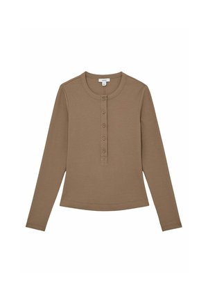 Brūns garām piedurknēm tops ar apaļu kakla izgriezumu, pogu aizdari, ribotu tekstūru un piegulošu dizainu. Gluda auduma un saīsināta apakša.