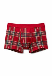 Czerwone bokserki w kratę z mieszanką zielonych, żółtych i brązowych pasków. Miękka tkanina, dopasowany krój i elastyczny pas.