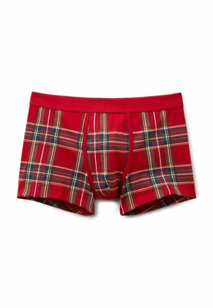 Červené kárované pánské boxerky s kombinací zelených, žlutých a hnědých pruhů. Měkká látka s přiléhavým střihem a elastickým pasem.