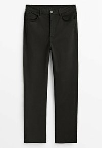 Jean noir slim avec bouton frontal, braguette à glissière et conception à cinq poches, étalé à plat sur fond blanc.