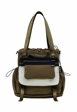 Bruine en beige totebag met meerdere vakken, verstelbare bandjes, ritsvakken, mesh details en een voorvak met het label "Desigual".