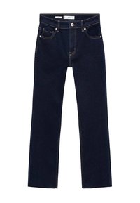 Jean droit bleu marine avec poches avant et fermeture à boutons, présenté à plat sur un fond blanc.