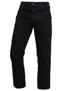 Black denim jeans with a straight leg design, five-pocket configuration, and metal button closure. The fabric has a smooth texture and subtle sheen.