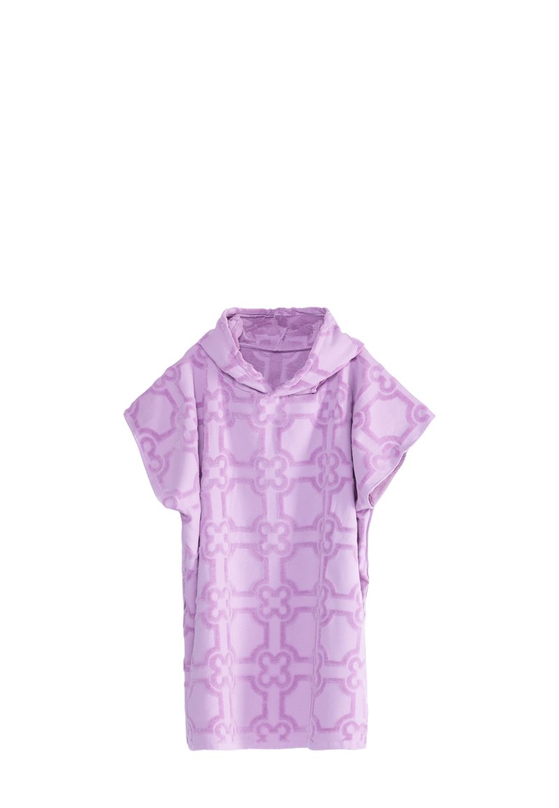 Poncho lilla con un motivo floreale testurizzato, maniche corte, cappuccio e vestibilità ampia, realizzato in un tessuto morbido e caldo.