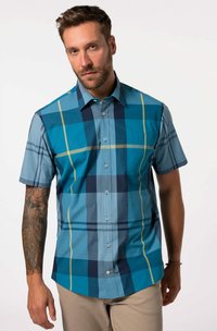 Camicia a maniche corte a quadretti nelle tonalità di blu con dettagli gialli, con chiusura a bottone e taschino sul petto. Realizzata in cotone con una texture liscia.
