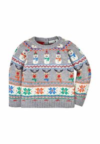 Pulover gri tricotat cu modele de om de zăpadă și reni în roșu, verde, albastru și portocaliu, cu guler și tiv striați.