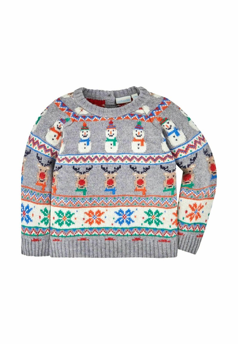 Pulover gri tricotat cu modele de om de zăpadă și reni în roșu, verde, albastru și portocaliu, cu guler și tiv striați.