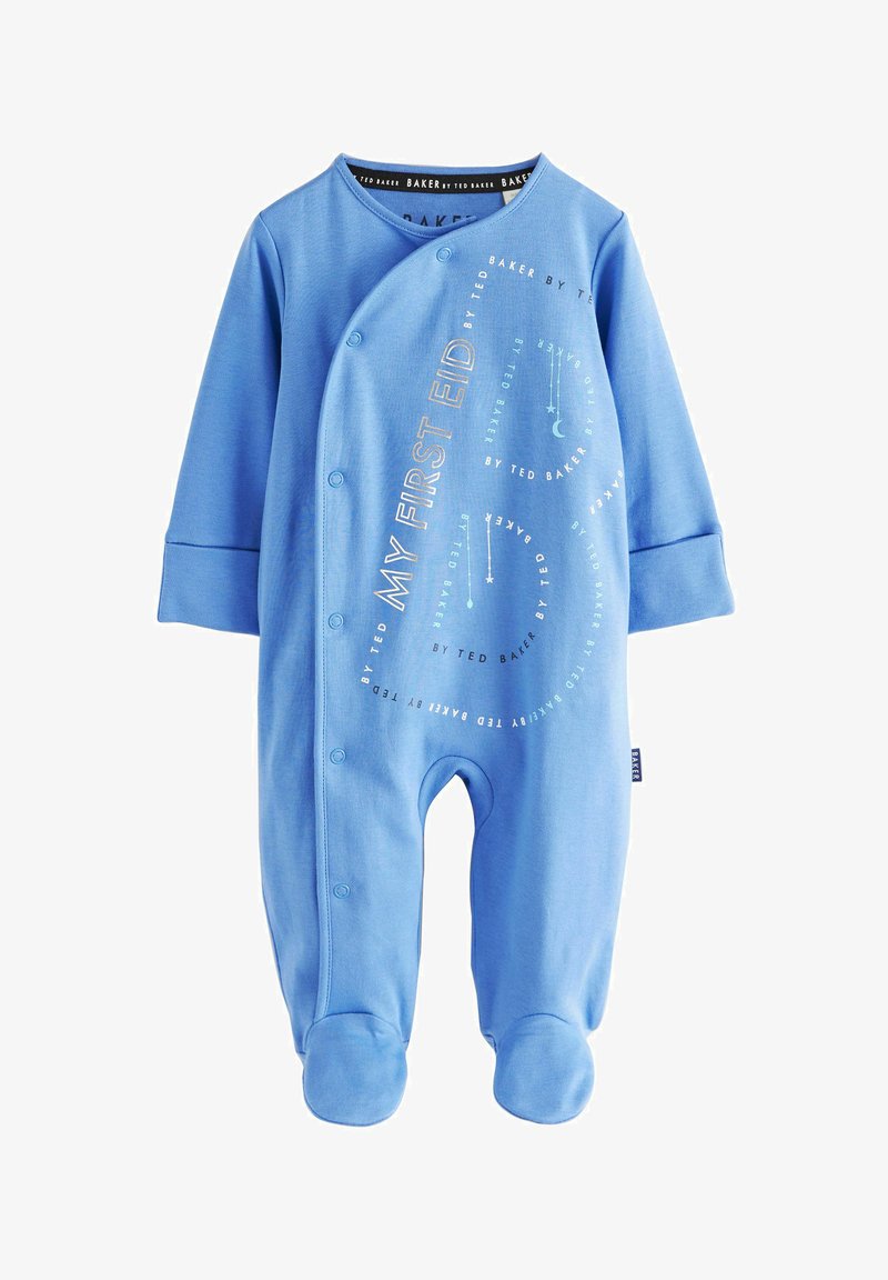 Une barboteuse pour bébé en coton doux, de couleur bleu clair, avec des manches longues, des boutons-pression et le texte imprimé "MON PREMIER EID" en blanc et or, design avec pieds.