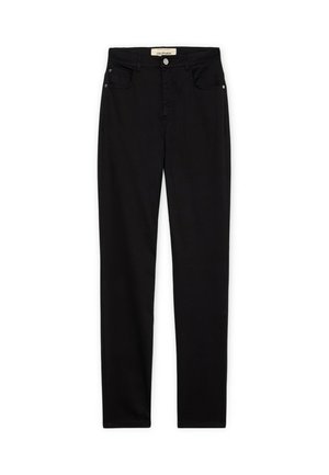 Vaqueros negros de pierna recta con cierre de botón y cremallera, bolsillos delanteros y traseros, y trabillas para cinturón, extendidos sobre un fondo blanco.