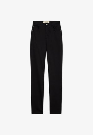 Jean noir droit avec fermeture à bouton et fermeture éclair, poches avant et arrière, et passants pour ceinture, posé à plat sur un fond blanc.