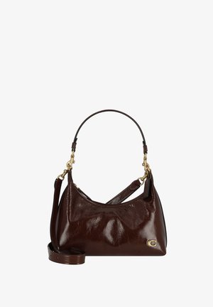 Dark brown shiny leather handbag with short rounded handle, detachable long strap, and small gold "C" logo on front bottom right.