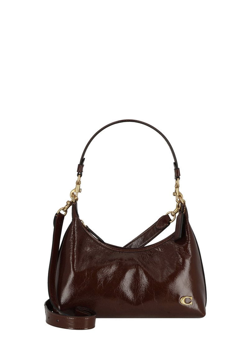 Dark brown shiny leather handbag with short rounded handle, detachable long strap, and small gold "C" logo on front bottom right.