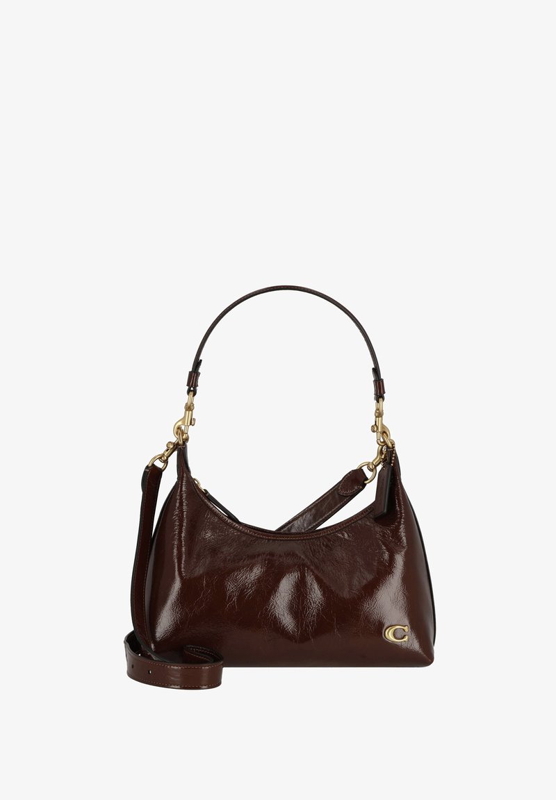 Dark brown shiny leather handbag with short rounded handle, detachable long strap, and small gold "C" logo on front bottom right.