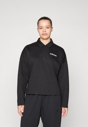 Črna kapuca s ovratnikom, ki vključuje vezeno belo "adidas" logotip. Tkanina je gladka, z sproščenim krojem in dolgimi rokavi.