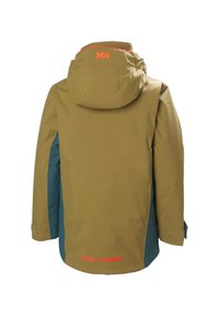 Wasserdichte Jacke in Olivgrün mit blauen Akzenten, ausgestattet mit einer Kapuze, Klettverschluss-Bündchen und kontrastierendem roten Logo auf dem Rücken.