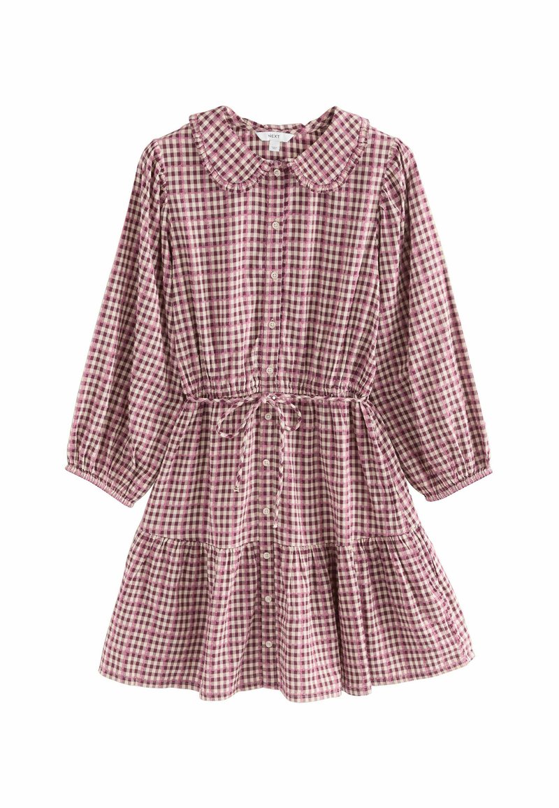 Gingham dress in red and white, featuring a collared neckline, button front, and elastic waist. Long sleeves and tiered skirt design.