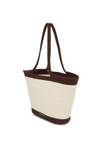 Auduma somiņa ar krēmkrāsas ķermeni un tumši brūniem akcentiem. Iespējo divas garas rokturi un strukturētu formu ar tekstūrētu materiālu.