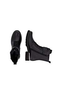 Bottines en cuir noir avec un bout arrondi, un laçage devant, une fermeture éclair sur le côté et un talon épais. Présente une texture lisse et un design minimaliste.