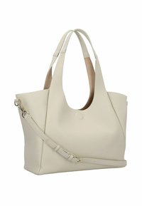 Beige Ledertasche mit zwei Schulterriemen und einem abnehmbaren Umhängegurt. Glatte Textur, geräumiges Design mit abgerundeter Form.