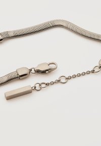 Collier chaîne flexible en argent avec fermoir mousqueton et chaîne d'extension courte sur fond blanc.