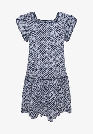 Mørkeblå kjole med blomsterprint, korte ærmer, firkantet udskæring, blondedetaljer og en udskåret kant. Fremstillet af let og åndbart stof.