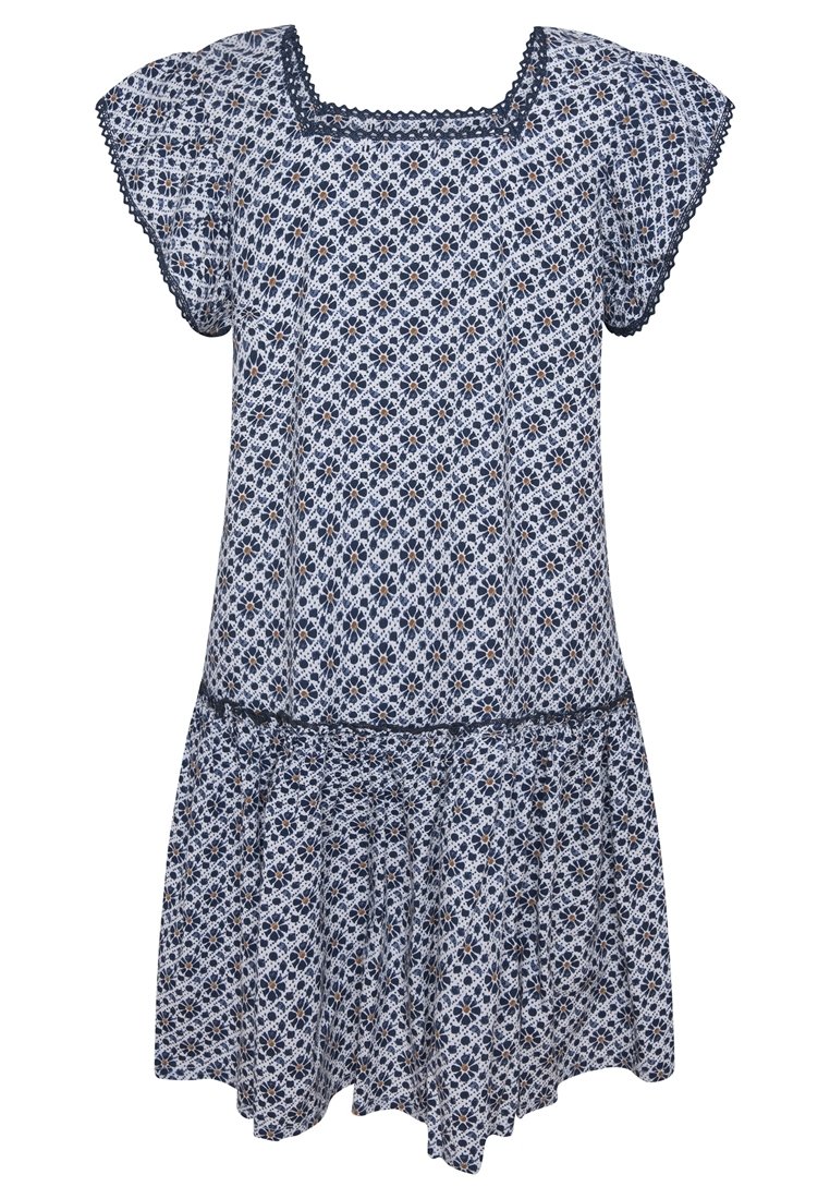 Tummansininen mekko, jossa on kukkakuosi, lyhyet hihat, neliömäinen kaula-aukko, pitsireunus ja liehuva helma. Valmistettu kevyestä ja hengittävästä kankaasta.