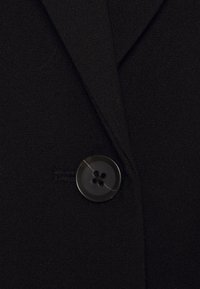 Gros plan d'une veste en tissu noir avec un seul bouton noir brillant fixé près du centre.