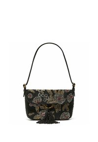 Borsa nera con perline e ricami floreali in grigio, rosso e oro. Dotata di nappina staccabile e tracolla in pelle. Forma rettangolare compatta.