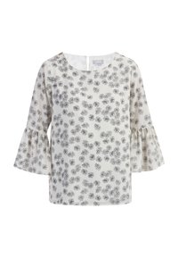 Bluse med blomsterprint i hvid og sort, med rund halsudskæring, flagrende ærmer og letvægtsstof. Lynlåslukning bagpå.