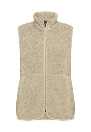 Beige sleeveless fleece vest with high collar, front zipper, and two front pockets. Soft, textured fabric for warmth and comfort.