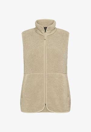 Beige mouwloos fleecesvest met hoge kraag, ritssluiting aan de voorkant en twee zakken aan de voorkant. Zachte, gestructureerde stof voor warmte en comfort.