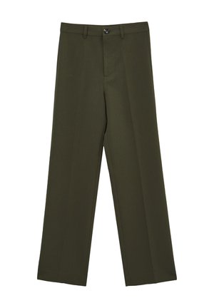 Pantaloni verde oliva con un design a gamba dritta, fronte piatto e chiusura con un solo bottone; realizzati in tessuto liscio e leggero.