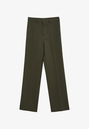 Pantaloni verde oliva con un design a gamba dritta, fronte piatto e chiusura con un solo bottone; realizzati in tessuto liscio e leggero.