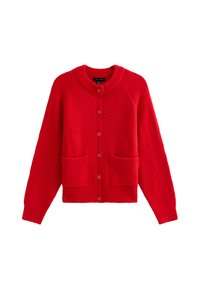 Röd kardigan i strukturerad stickad tyg, med rund halsringning, knäppning framtill och två främre fickor.