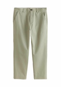 Helle grüne Chinos aus Baumwolle mit geradem Bein, Fronttaschen und einem Knopfverschluss an der Taille.
