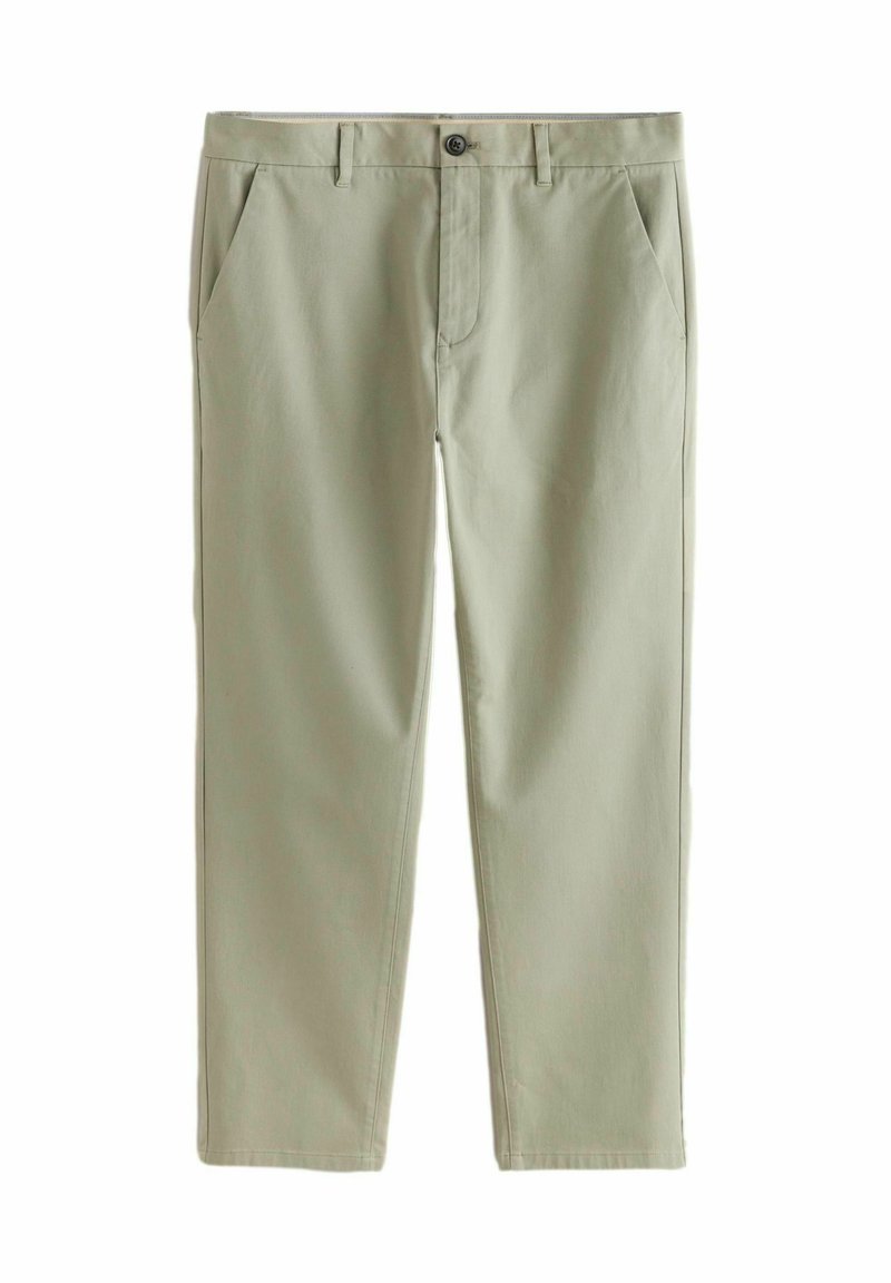 Helle grüne Chinos aus Baumwolle mit geradem Bein, Fronttaschen und einem Knopfverschluss an der Taille.