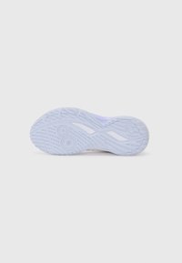 Shoe sole made of rubber with a textured tread pattern. Predominantly white with light purple accents. Features grooves for traction.