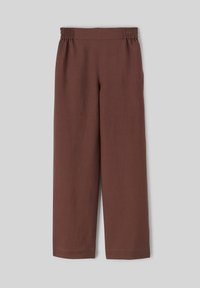 Pantalons larges marron avec une texture lisse et une taille élastique. Les finitions de l'ourlet sont droites et sans ornements.