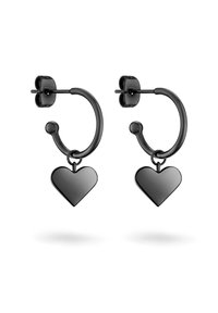 Schwarze Metall-Ohrringe mit einem Herzanhänger, die eine glänzende Oberfläche und ein schlichtes Design aufweisen. Sichere Steckverschluss.