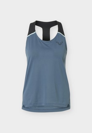 Blue athletic tank top with black racerback straps and a small black logo on the left chest, displayed on a white background.