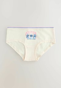 Vaaleat puuvillapikkarit, joissa on kolme sinistä sarjakuvahahmoa ja "STITCH" painettuna vaaleanpunaisella sinisen ja vaaleanpunaisen vyötärönauhan kanssa.
