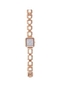 Montre en métal rose gold avec un boîtier octogonal, un cadran blanc et un bracelet à maillons alliant des éléments lisses et angulaires.