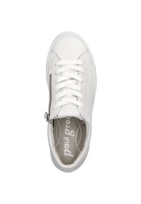 White leather sneaker with flat laces, a side zipper, and a textured upper. Interior features a logo printed on a gray insole.