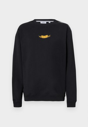 Schwarzer Sweatshirt mit Rundhalsausschnitt, ausgestattet mit einem gelben gestickten Labeldesign und kleinen Akzenten an den Schultern. Weicher Stoff, lockere Passform.