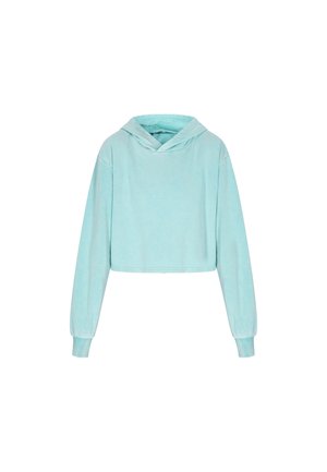 Przycięta bluza z kapturem w jasnym turkusie. Posiada luźny krój, długie rękawy oraz podwójnie wyściełany kaptur. Wykonana z miękkiego i gładkiego materiału.