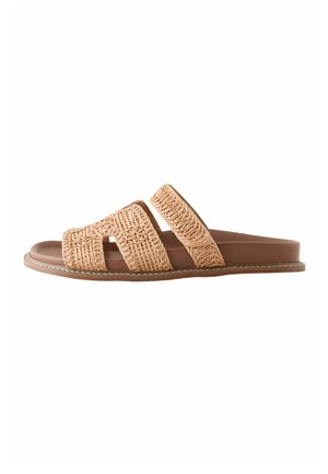 Brown slide sandal with two woven rattan straps and stitched sole, designed for casual wear.